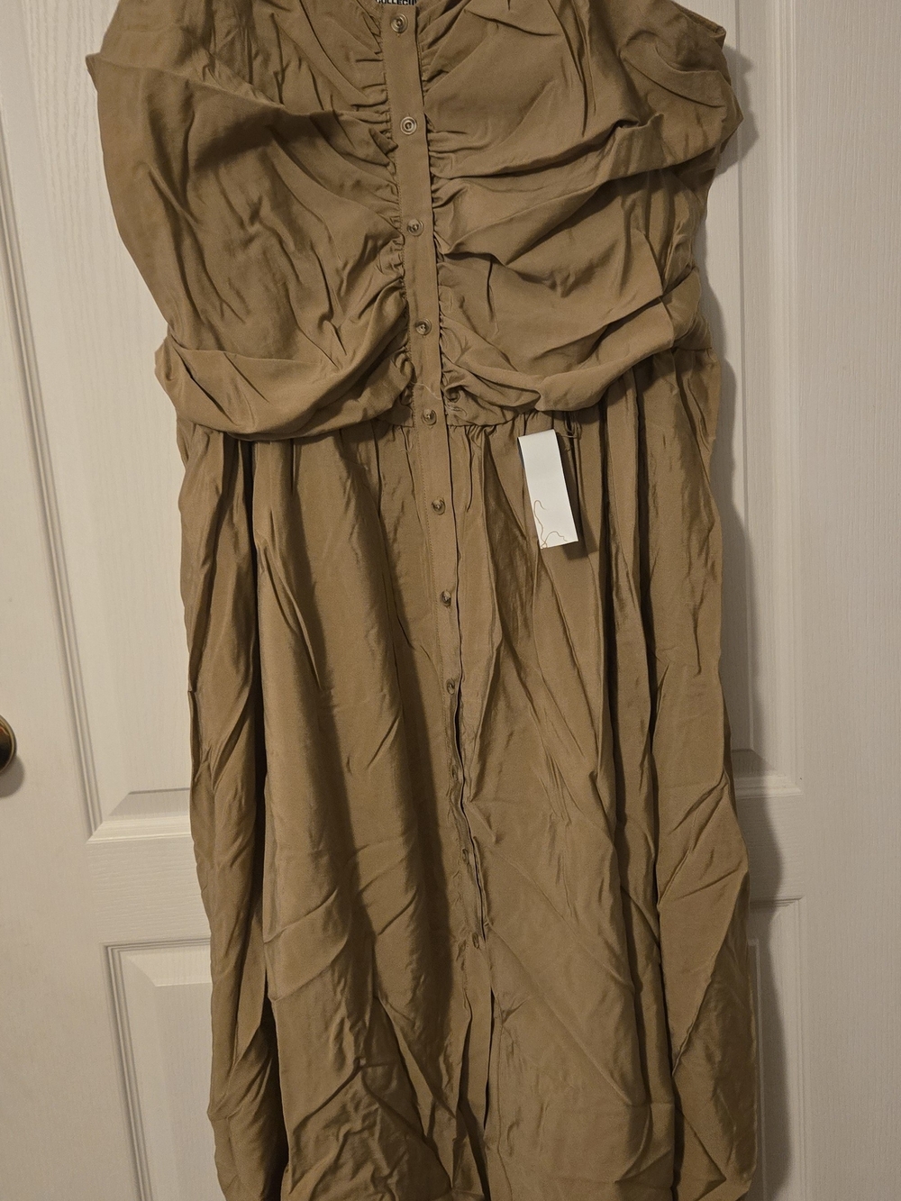 Strapless Ruched Midi Dress in Tan
